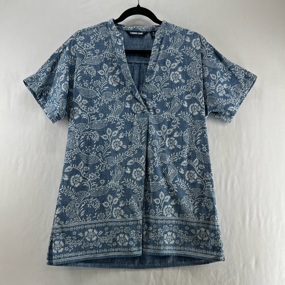 Lands’ End Chambray Tunic Top Womens S Short Sleeves Pleated V-Neck Floral Blue